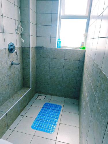 a bathroom with a shower and a blue mat on the floor at Casa Rosa in Nanyuki