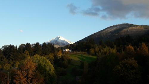 a mountain in the distance with a house and trees at Alpina Panoramic in Moisei