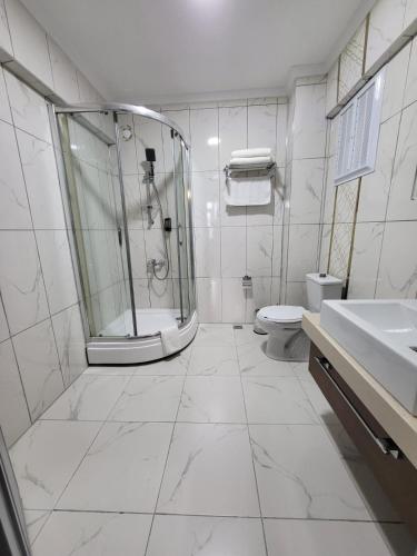 a bathroom with a shower and a toilet and a sink at Leopard edirne in Edirne