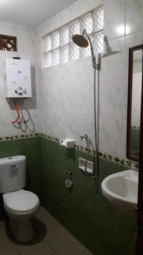 a bathroom with a shower and a toilet and a sink at Griya Harja Homestay in Borobudur