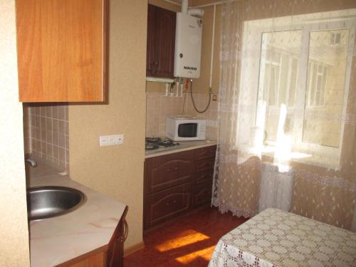 Однокомнатная квартира в центре في أنابا: مطبخ صغير مع حوض ونافذة
