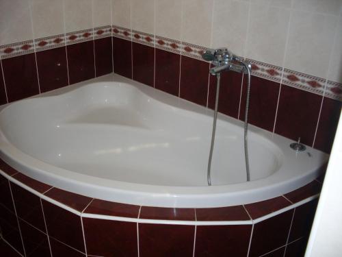 uma banheira com chuveiro na casa de banho em Boglárka Apartman em Gyula