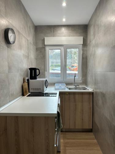 a kitchen with a sink and a microwave at ARBE Apartamentos in Bilbao