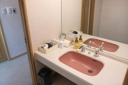 a bathroom with a red sink and a mirror at ホテルサンモール in Asahi
