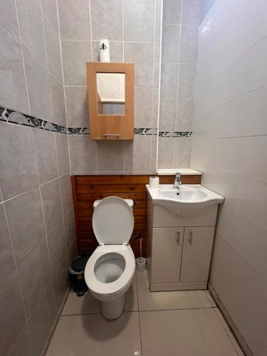 a small bathroom with a toilet and a sink at Lewisham Rooms in London