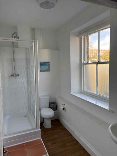a white bathroom with a toilet and a window at The Coldstreamer Inn in Penzance
