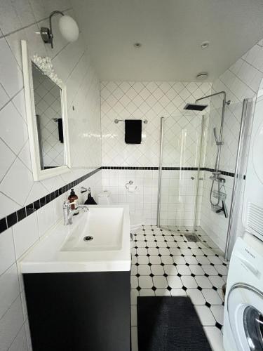 ein weißes Badezimmer mit Waschbecken und Dusche in der Unterkunft Studio 32 in Lund