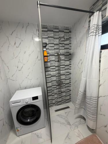 a washing machine in a bathroom with a shower at EVEREST 33 Garsoniera in Bucharest