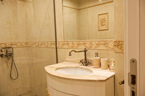 a bathroom with a sink and a shower at Апартамент за гости Марица in Asenovgrad