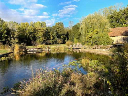 a pond in a garden with a bridge and trees at ChezLeMoulin Bed and Breakfast in Samouillan