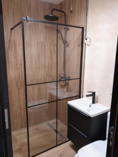 a bathroom with a shower and a sink at Garden of Eden- MintGarden- Sveti Vlas in Sveti Vlas