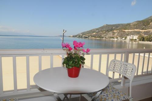 a white table with a potted plant on a balcony with the beach at Sunset by the sea 1 in Loutraki