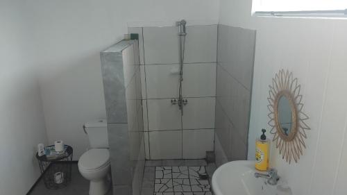 a bathroom with a shower and a toilet and a sink at Huahine's Place in HUH
