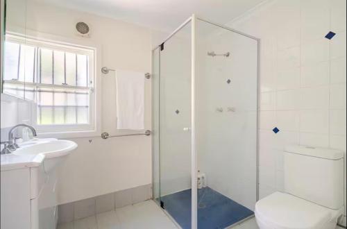 a bathroom with a shower and a toilet and a sink at Cosy Cottage in Annandale in Sydney