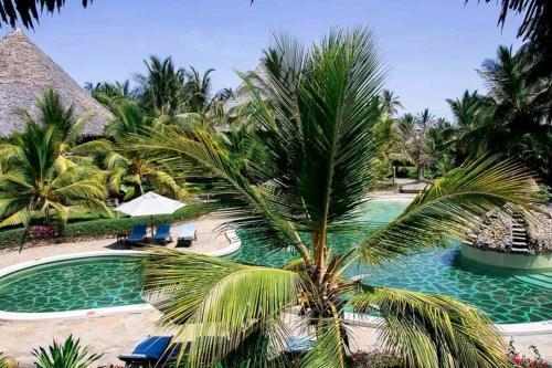 a palm tree in front of a swimming pool at Tembo Beach Cottage , Ocean Beach Drive in Malindi