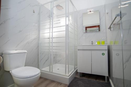 a white bathroom with a toilet and a shower at Mountain View Star in Estreito da Calheta