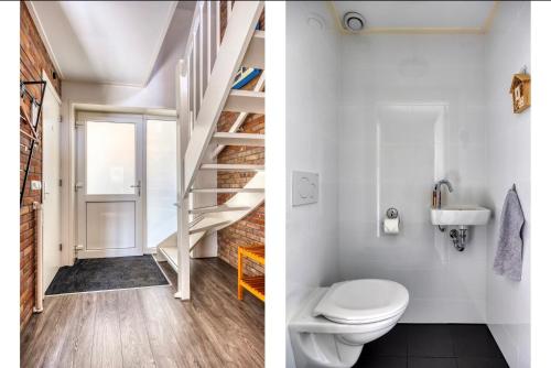 a bathroom with a toilet and a staircase at Zonnehoek Terherne in Terherne