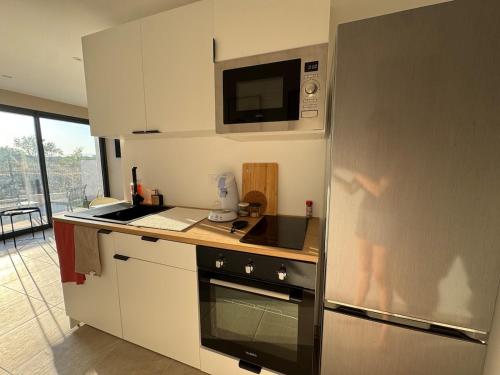 una cocina con horno y microondas en La maisonnette, en Montblanc