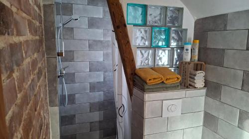 a bathroom with a shower and towels on a counter at Ferienhof Ziegler - Studio Fingerhut in Baiersbronn