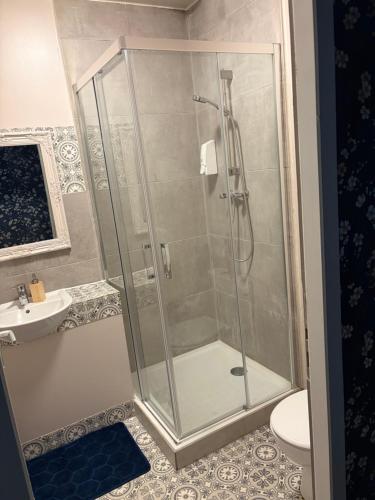 a shower with a glass door in a bathroom at Le Seysses in Seysses