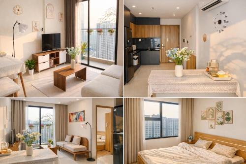 a collage of photos of a living room and a bedroom at SHome, căn hộ 55m2,2 phòng ngủ, Oceanpark 1 in Gia Lâm Pho