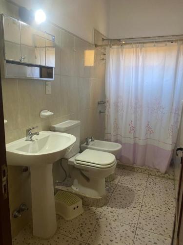 a bathroom with a sink and a toilet and a shower at Cabañas Luna y Sol in Cafayate