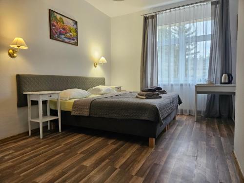 a bedroom with a bed and a table and a window at Villa Podkarpacka in Kudowa-Zdrój