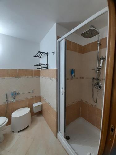 a bathroom with a shower and a toilet and a sink at Falanga Family Guests Accommodation in Civitavecchia