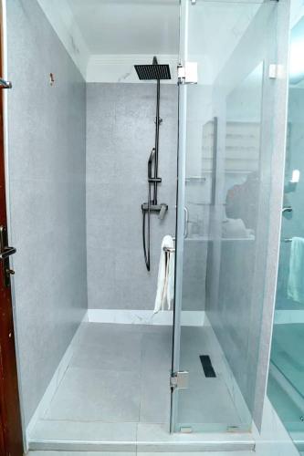 a shower with a glass door in a bathroom at Petite's Nest - Apartment 5 in Accra