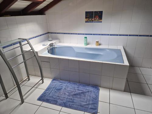 a bathroom with a tub and a blue rug at La maison du Pêcheur in Terre-de-Haut