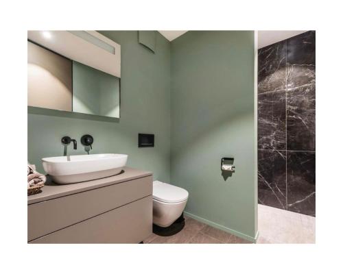 a bathroom with a sink and a toilet at Zuhause am Bodensee in Bottighofen