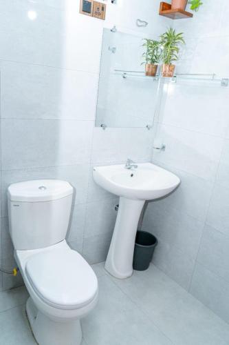 a white bathroom with a toilet and a sink at Ella Flower Zone Holiday Resort in Bandarawela