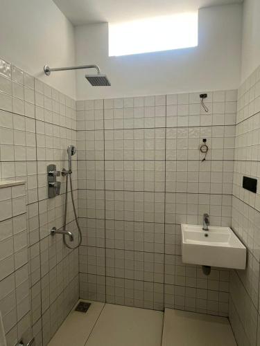 a bathroom with a shower and a sink at Hostel Akeeka in Alleppey