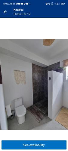 a bathroom with a toilet and a tiled wall at Kazalea in Mt Bois Noir