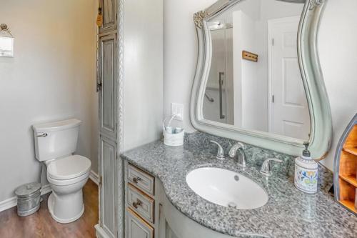a bathroom with a sink and a toilet and a mirror at Sunset Cove AC Waterfront Kayaks in Tobermory