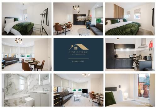 a collage of photos of a bedroom and a living room at Parking, Wi-Fi, Sleeps 5, Self check-in, 2-bed apartment, long stays, Steppinghill, Contractors in Stockport