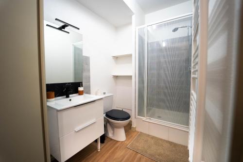 a bathroom with a toilet and a glass shower at Le Pacé - Appartement cosy in Pacé