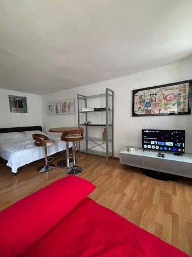 a bedroom with a bed and a red rug at Cooles Apartment an der Kathedrale in Fribourg