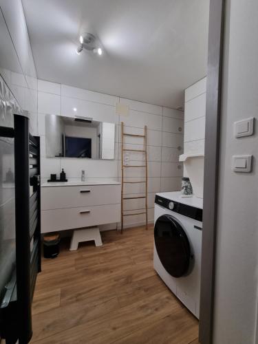 a kitchen with a washing machine and a sink at Gîte 6 personnes Chez Max in Nébouzat