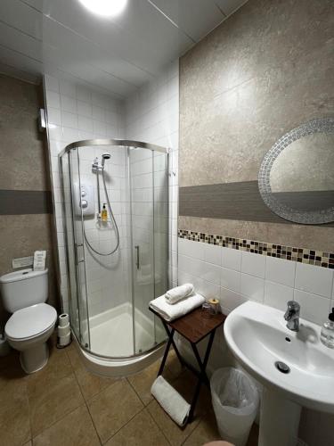 a bathroom with a shower and a toilet and a sink at Lomond Guest House in Leven