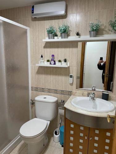 a bathroom with a toilet and a sink and a mirror at PLAYA ALMARDA CORINTO, PISCINA, WIFI,2 TERRAZAS, BARBACOA,TRANQUILo in Sagunto