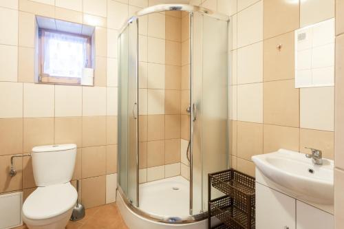 a bathroom with a shower and a toilet and a sink at Drewniany Domek in Witów