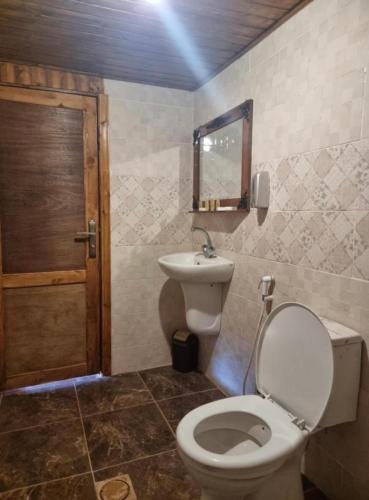 a bathroom with a toilet and a sink at Wadi rum Rozana camp in Wadi Rum
