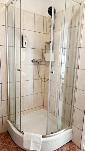 a shower with a glass enclosure in a bathroom at Apartments Happy Day in Karlobag