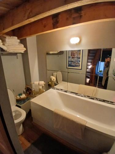 a bathroom with a tub and a toilet and a mirror at La Belle Maison in Piégut-Pluviers