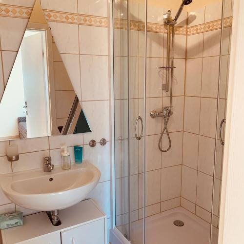 a bathroom with a shower and a sink at Im Herzen von Chattengau in Gudensberg