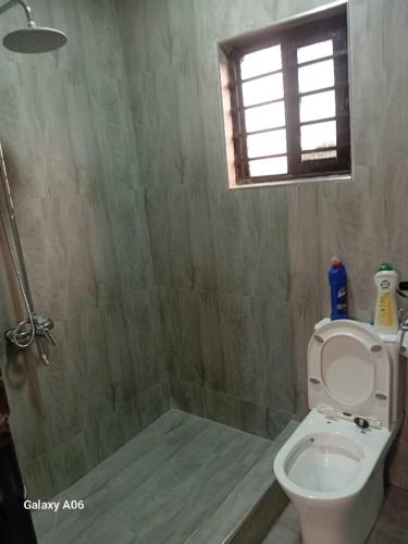 a bathroom with a toilet and a shower with a window at Wamis serviced apartments in Solwezi