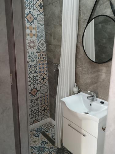 a bathroom with a sink and a mirror at Casa Rahova - centru civic in Brăila