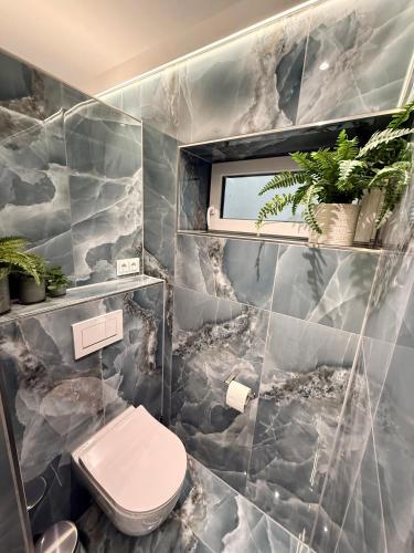 a bathroom with a toilet and a window at Ferienwohnung Luna in Eppelborn