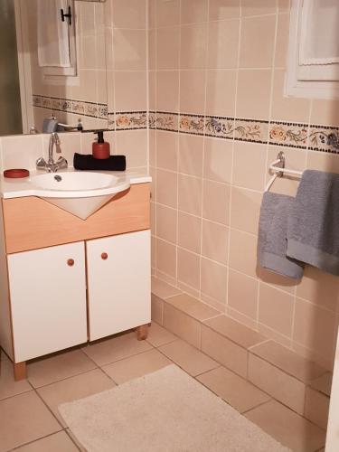a bathroom with a sink and a shower at Prouyssou in Beauville